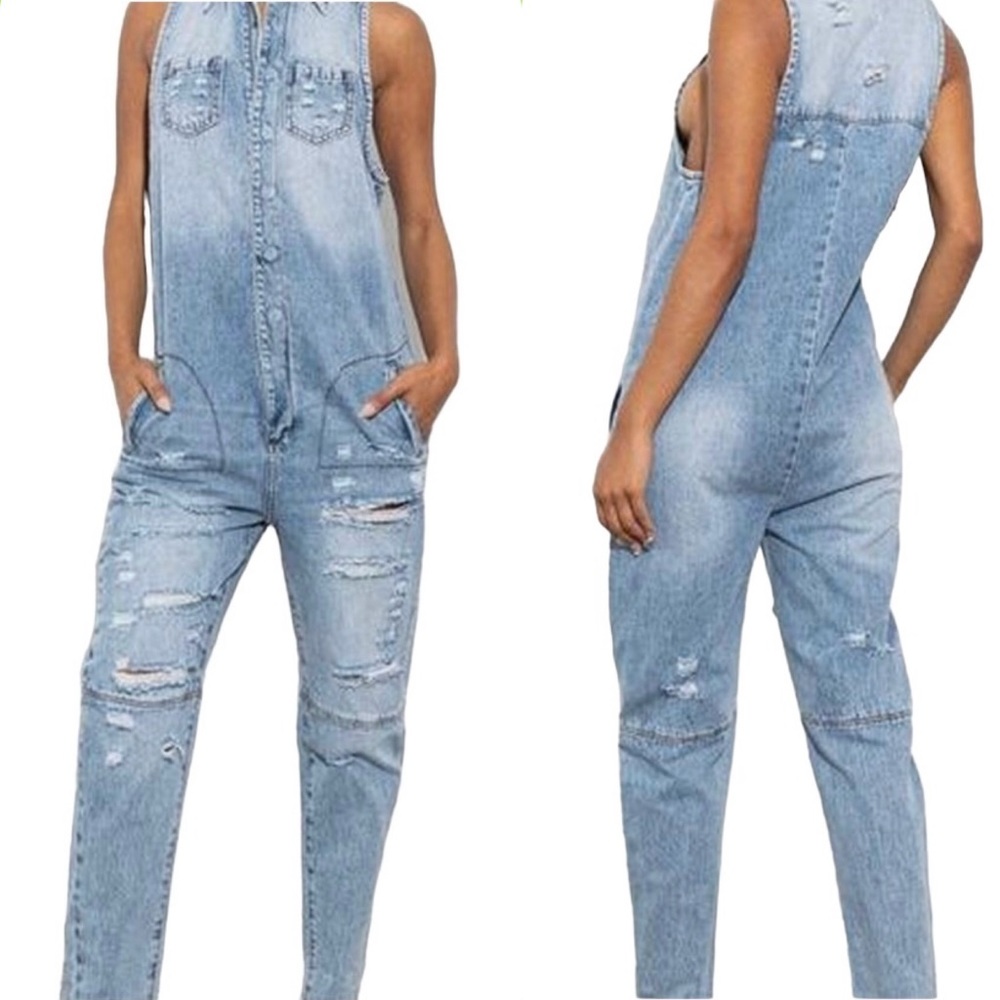 Vibrant M.I.U Distressed Put In Work Denim Sleeveless Oversized Jumpsuit Size S